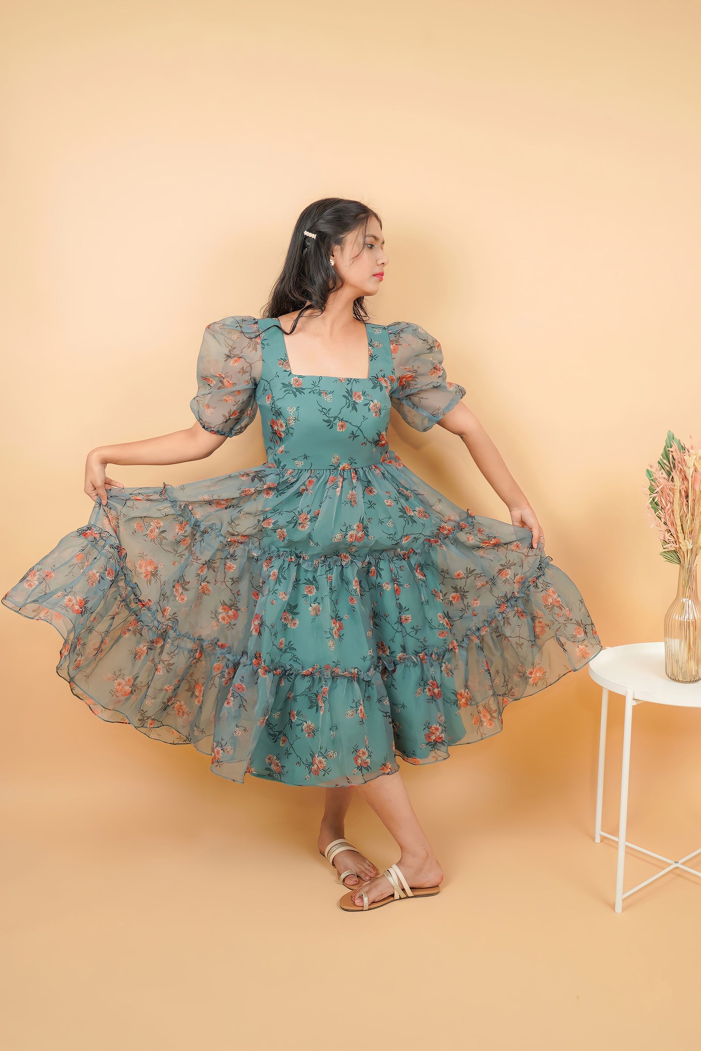 Green Floral Organza midi