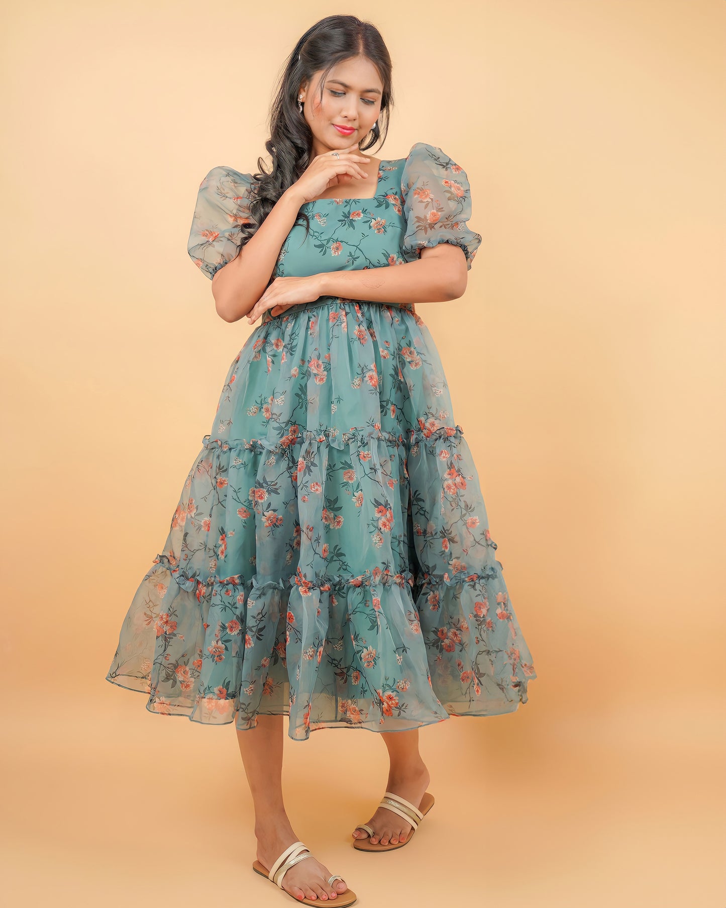 Green Floral Organza midi